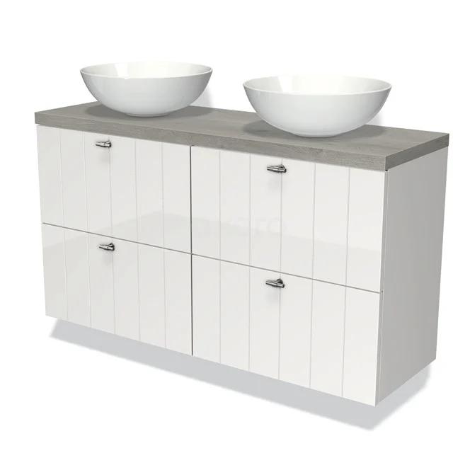 Dubbele wastafelmeubel, wit hoogglans, met keramische opzetwaskommen en grijze houtlook bovenblad, voor een moderne badkamerstijl.