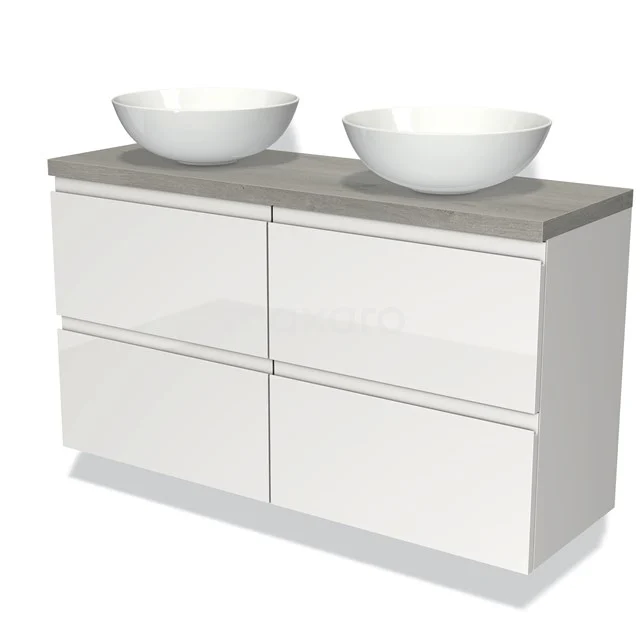 Modulo Plato Slim Badmöbel mit Aufsatzwaschbecken | 120 cm Hochglanz Weiß Grifflos front Graue Eiche blatt 4 Schubladen BMK38-00365 Weißes Badezimmermöbel mit Doppelwaschbecken, schnittiges Design und grauer Holzoberfläche für einen modernen Badezimmerstil.