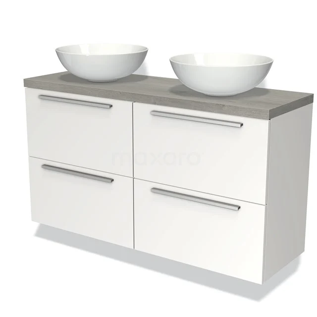 Weiße Badmöbelset mit doppelten Aufsatzwaschbecken, grauer Holzplatte und vier Schubladen, ideal für moderne Badezimmergestaltung.