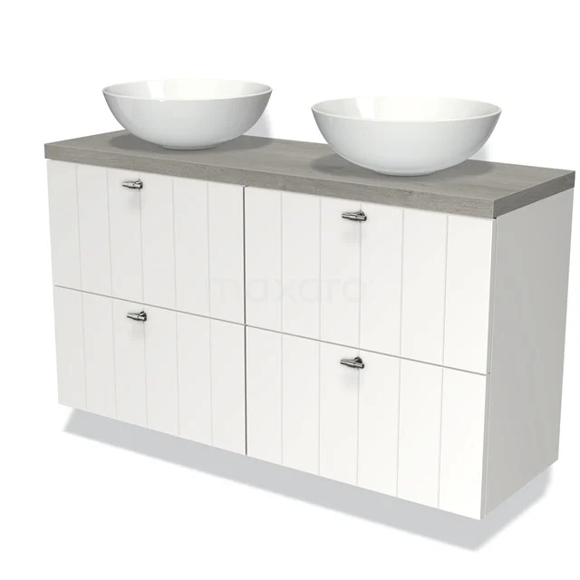 Weißes Holz-Badmöbel mit doppelten schalenförmigen Waschbecken und grauer Platte, modernes Design, ideal für geräumige Bäder.