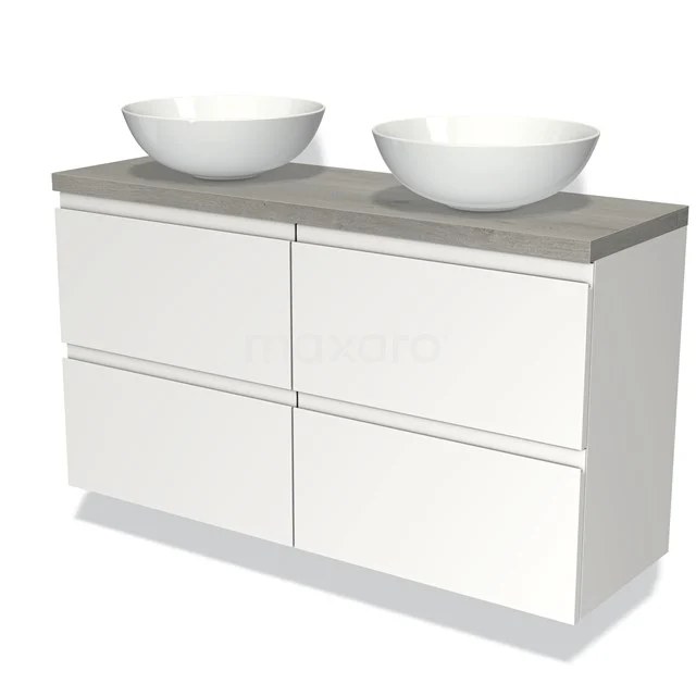 Modulo Plato Slim Badmöbel mit Aufsatzwaschbecken | 120 cm Matt Weiß Grifflos front Graue Eiche blatt 4 Schubladen BMK38-00368 Moderne weiße Badmöbelset mit doppeltem Aufsatzwaschbecken und grauem Holzlook-Platte, ideal für ein stilvolles Badezimmerinterieur.