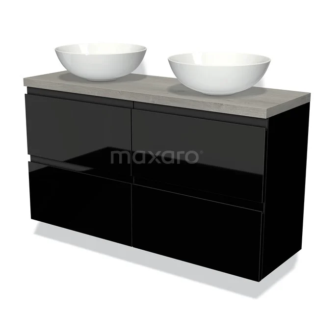 Black glossy bathroom unit with double white countertop wash basin and concrete grey worktop, modern design.