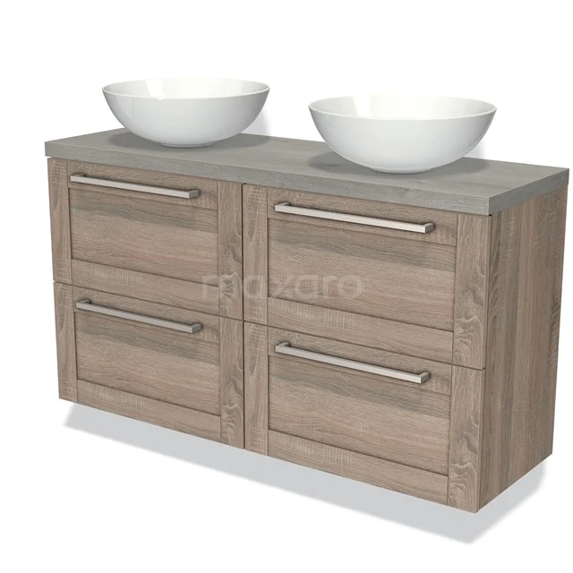 Modulo Plato Slim Badmöbel mit Aufsatzwaschbecken | 120 cm Eiche Rahmen front Graue Eiche blatt 4 Schubladen BMK38-00376 Holz Badezimmermöbel mit doppeltem Waschbecken, modernes Design, vier Schubladen und schicke Verarbeitung für ein stilvolles Badezimmer.