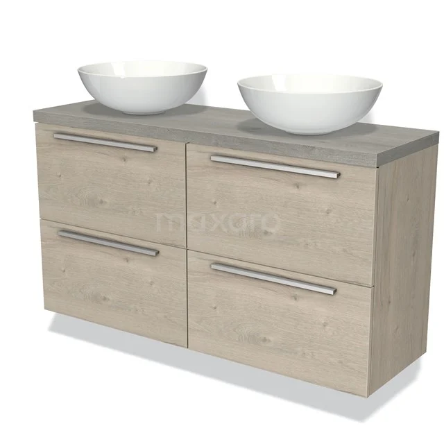 Eichenholz Badmöbel mit Doppelwaschbecken, grauer Oberfläche und vier Schubladen mit Metallgriffen.