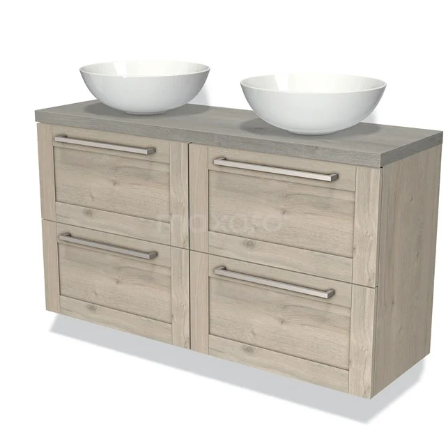 Oak bathroom unit with double basin worktop and porcelain bowls, including four drawers with metal handles.