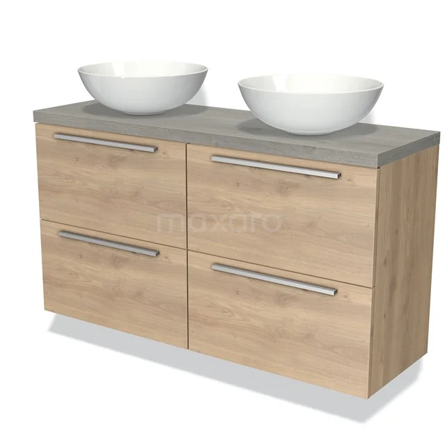 Houten badkamermeubel met twee witte waskommen en grijstint blad, modern ontwerp, perfect voor een stijlvolle badkamer.