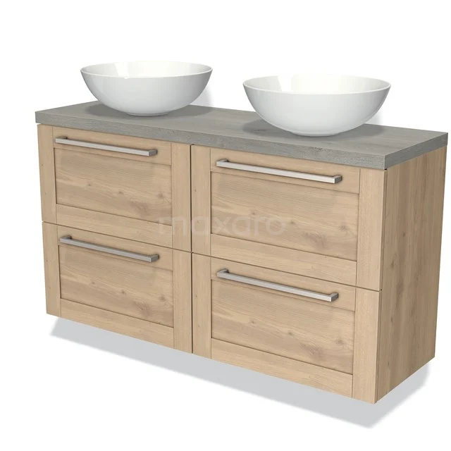 Houten badkamermeubel met dubbele waskommen, licht eiken afwerking en grijs blad, ideaal voor moderne badkamers.