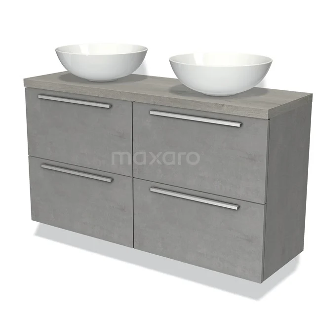 Grijze badkamermeubelset met betonlook, dubbele waskommen en vier lades, ideaal voor moderne badkamerinrichting.