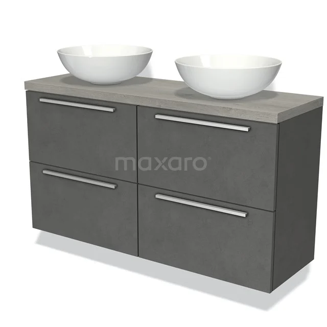 Modulo Plato Slim Vanity units for countertop basin | 120 cm Dark grey concrete Flat front Grey oak worktop 4 drawers BMK38-00386