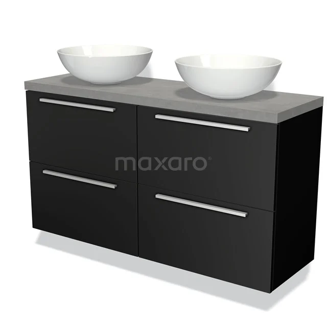 Modulo Plato Slim Vanity units for countertop basin | 120 cm Matte black Flat front Light grey concrete worktop 4 drawers BMK38-00387 Black double bathroom furniture set with two white ceramic countertop wash basins, grey top and modern metal handles.