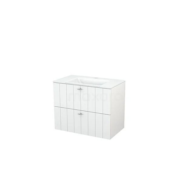 Modulo+ Vanity units with basin | 80 cm High-gloss white Slat front Glass 2 Stacked drawers BMP002682 White bathroom unit with two drawers, ribbed pattern, modern finish and porcelain basin, ideal for stylish storage.