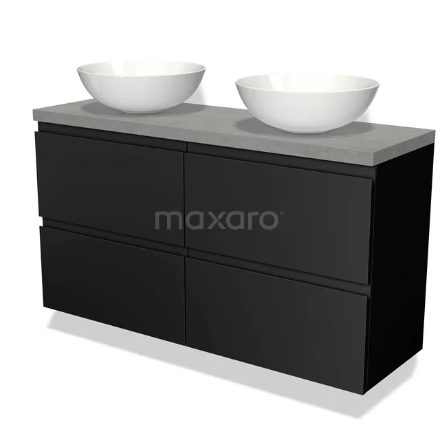 Zwart badkamermeubel met dubbele waskommen, mat zwarte afwerking en betonnen blad, ideaal voor een moderne badkamer.