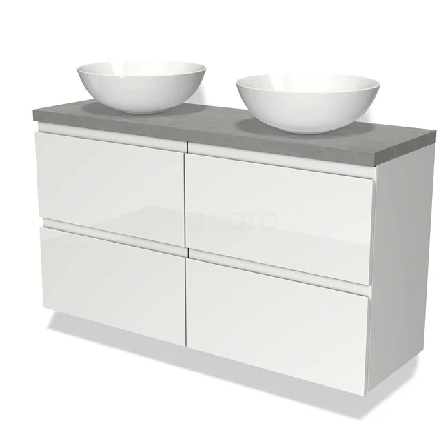 Witte badkamermeubelset met grijs werkblad, dubbele ronde wastafels en vier lades, modern design en duurzaam materiaal.
