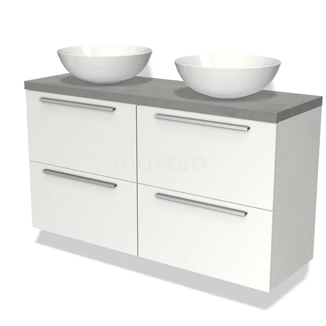 Badmöbel für Aufsatzwaschbecken 120cm Modulo Plato Slim Matt Weiß 4 Schubladen Flach Hellgrauer Beton Platte BMK38-00396 Weißes Doppelwaschbeckenmöbel mit grauer Platte und runden Aufsatzwaschbecken, ideal für moderne Bäder.