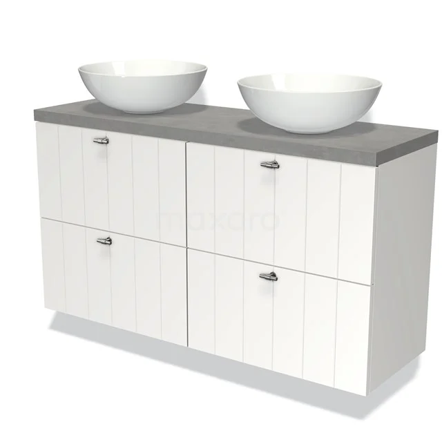 Weißes Holz-Badmöbel mit grauer Platte und zwei runden keramischen Aufsatzwaschbecken, perfekt für moderne Bäder.