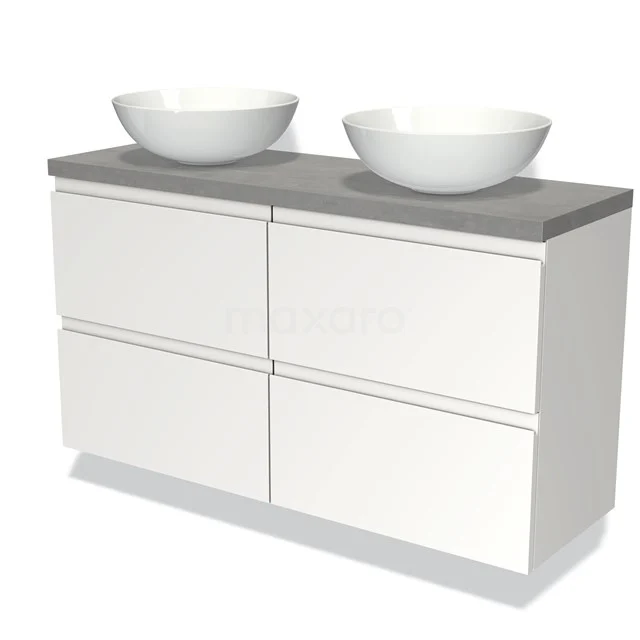 Weißes Badezimmermöbel mit grauer Betonplatte und doppelten Aufsatzwaschbecken, modernes Design mit vier Schubladen.