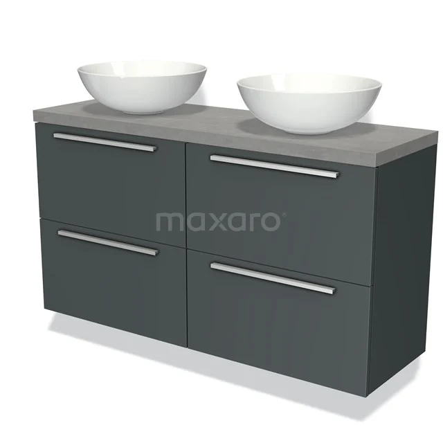 Donkergrijze badkamermeubelset met dubbele wastafel van keramiek, minimalistisch design en ruime lades voor opbergruimte.