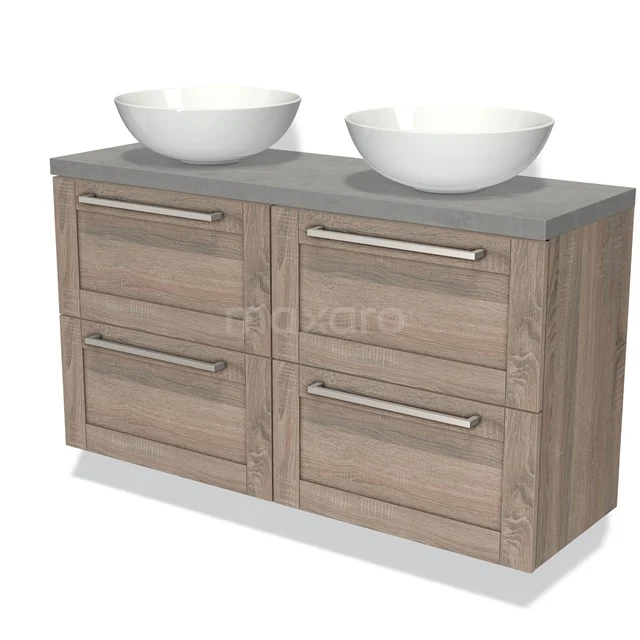 Wooden bathroom unit with double basin worktop, grey surface and four drawers, including two white ceramic countertop wash basins.