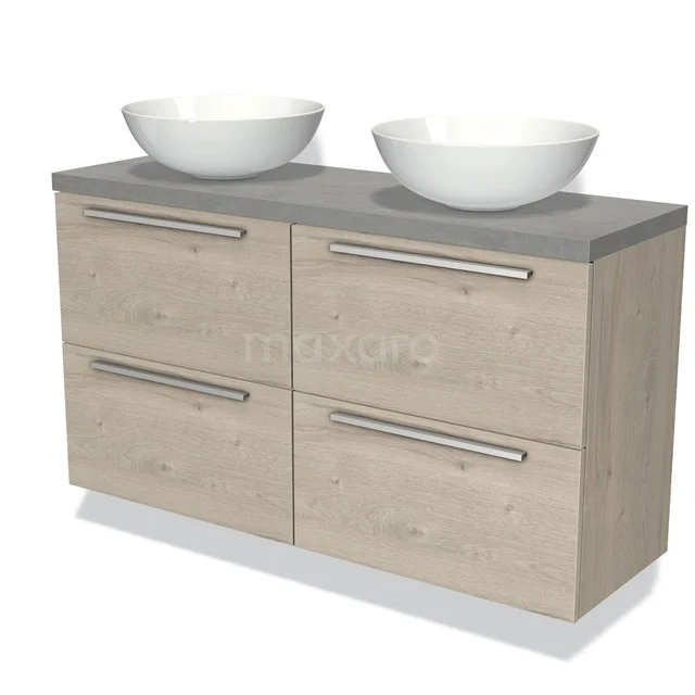 Modulo Plato Slim Badmöbel mit Aufsatzwaschbecken | 120 cm Hellgraue Eiche Flach front Hellgrauer Beton blatt 4 Schubladen BMK38-00407 Holz Badezimmermöbel mit Doppelwaschbecken, 4 Schubladen und keramischen Schalen, modernes Design mit grauem Steinlook Platte.