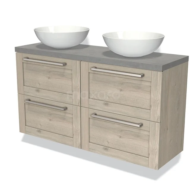 Wooden bathroom unit with double basin, white round bowls, grey worktop and four drawers with metal handles.