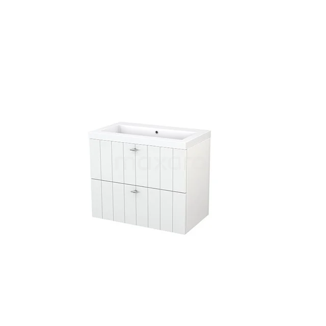 White bathroom unit with double drawers, modern design, featuring integrated vanity units with basin and vertical lines for a stylish look.