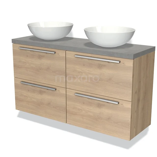 Houten badkamermeubel met dubbele witte waskommen, grijs stenen blad en vier opberglades, modern design.