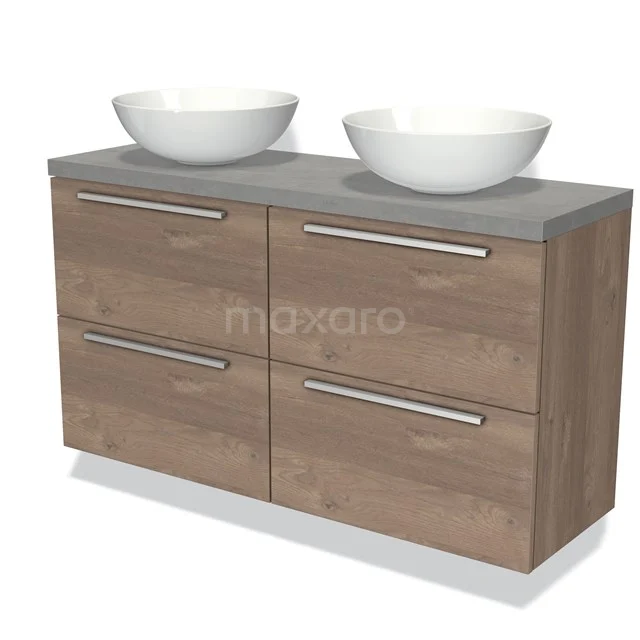 Wooden bathroom unit with grey stone-look worktop, double basin and four drawers; modern design for stylish bathrooms.