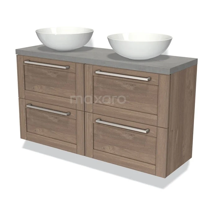 Wooden bathroom unit with grey worktop and double vanity units for countertop wash basins, modern design storage for bathroom accessories.