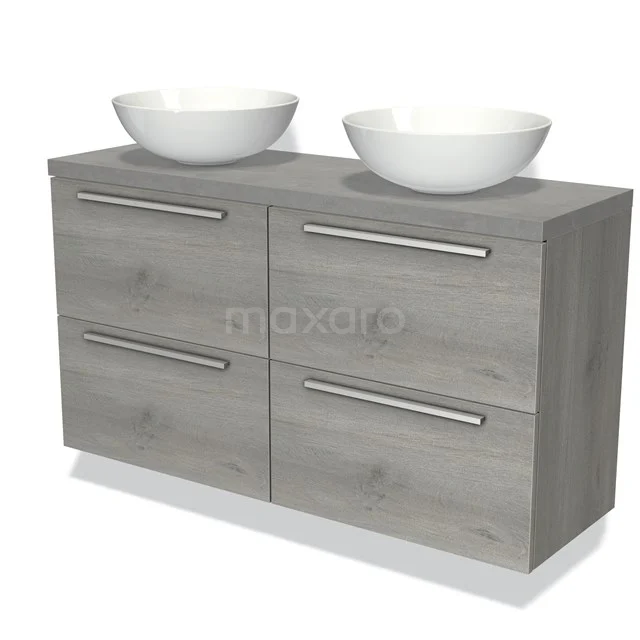 Grijze houten badkamermeubel met dubbele witte waskommen, strak design en vier lades, perfect voor moderne badkamers.