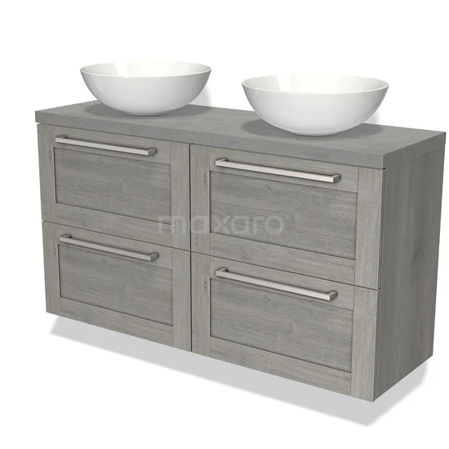 Grijze houten badkamermeubelset met dubbele waskommen en vier lades, ideaal voor een moderne badkamer inrichting.
