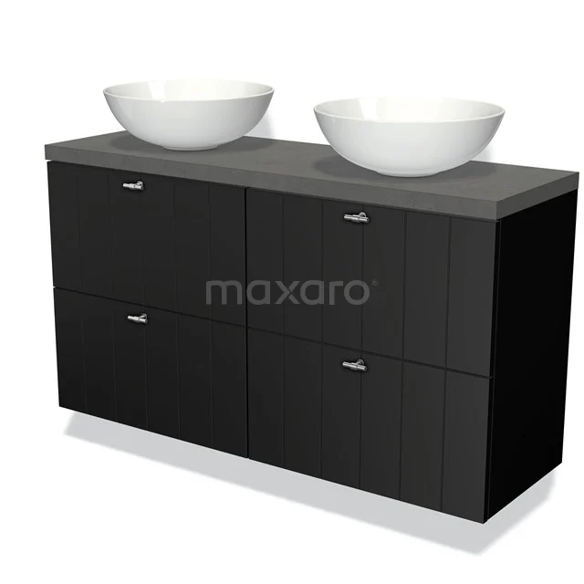 Zwart houten badkamermeubel met dubbele witte waskommen, modern design en vier opberglades voor een stijlvolle badkamer.