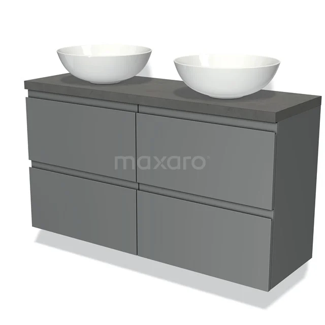 Modulo Plato Slim Vanity units for countertop basin | 120 cm Mid grey Handle-less front Dark grey concrete worktop 4 drawers BMK38-00423 Grey bathroom furniture set with double ceramic countertop wash basins, sleek design and soft-close drawers for a modern bathroom style.