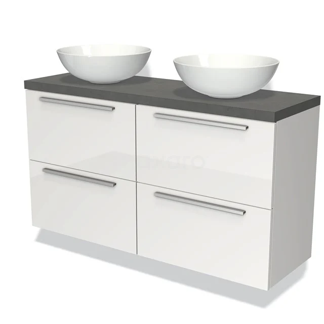 Wit glanzend badkamermeubel met dubbele waskommen, donkergrijs blad en metalen grepen, modern design van hoogwaardige materialen.