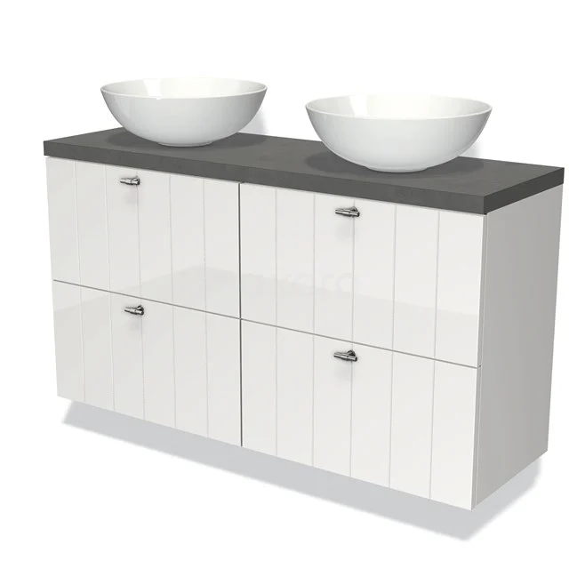 Badmöbel für Aufsatzwaschbecken 120cm Modulo Plato Slim Hochglanz Weiß 4 Schubladen Paneel Dunkelgrau Beton Platte BMK38-00425 Weiße Badmöbel mit Doppelwaschbecken, graue Platte, runde Schalen und stilvolle Schubladen, ideal für moderne Bäder.