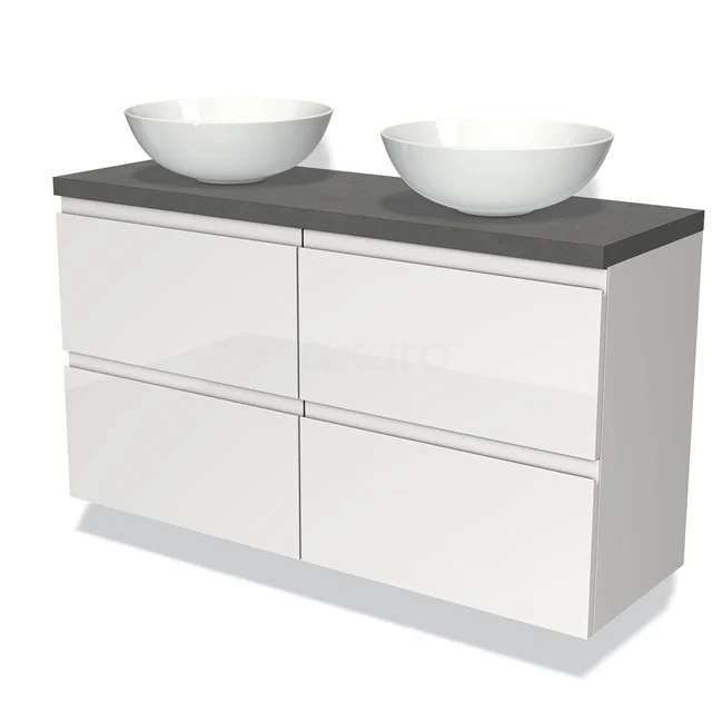 Weißes Badezimmermöbel mit Doppelwaschbecken, graue Platte, moderne glänzende Oberfläche und Softclose-Schubladen für zusätzlichen Komfort.