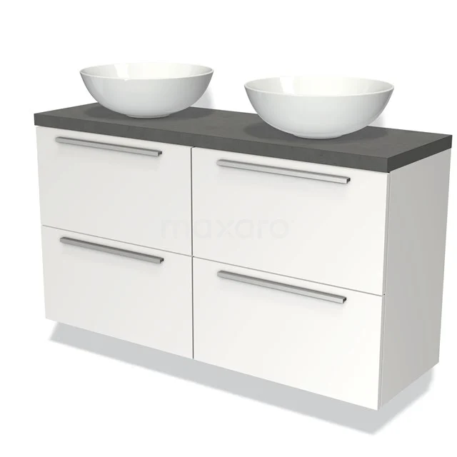 Wit badkamermeubel met zwart blad, dubbele waskommen en vier lades; strak design en moderne uitstraling.