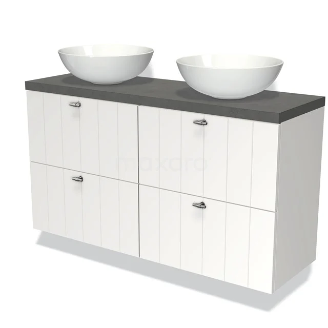 Wit badkamermeubel met dubbele wastafel, antraciet blad en moderne ribbelafwerking; stijlvol en functioneel ontwerp.