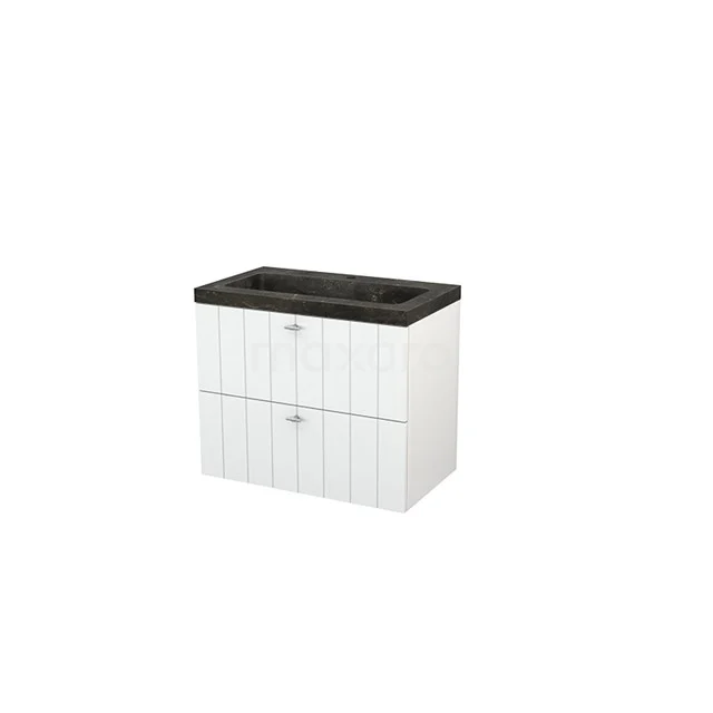 Weißes Badezimmermöbel mit zwei Schubladen und schwarzer Waschtischplatte, modernes Design mit vertikalen Rillen für ein stilvolles Badezimmer.