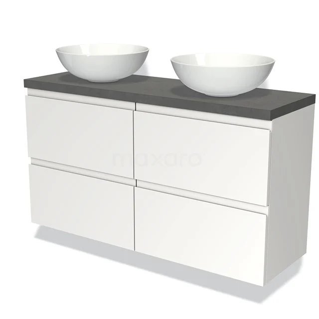 Weiße Badmöbelset mit zwei ovalen Aufsatzwaschbecken, anthrazit Platte und Schubladenfronten, ideal für moderne Badezimmergestaltung.