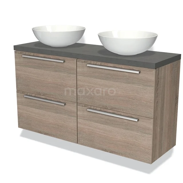 Houten badkamermeubel met twee witte waskommen, grijs blad en moderne handgrepen, ideaal voor een strakke badkamerstijl.