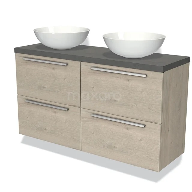 Houten badkamermeubel met grijze bovenblad, dubbele witte waskommen en vier ladekasten, Scandinavisch design.