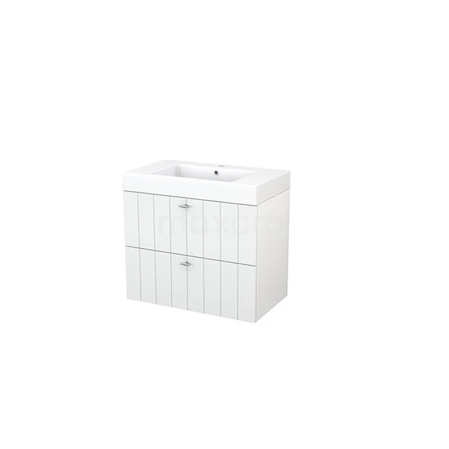 White bathroom unit with two drawers, modern ribbed pattern and integrated vanity units with basin. Perfect for a stylish bathroom.