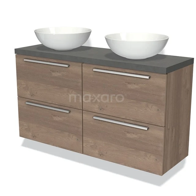 Wooden bathroom unit with double countertop wash basins, grey worktop, four drawers and modern design, perfect for a stylish bathroom.