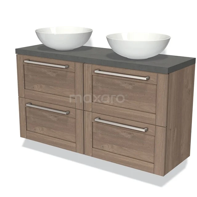 Eikenhouten badkamermeubel met vier lades, zwart blad en twee witte waskommen, perfect voor moderne badkamerinrichting.
