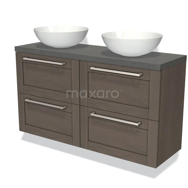 Double vanity unit in dark wood with four drawers, white countertop wash basins and grey top, perfect for modern bathrooms.