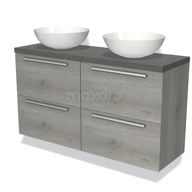 Houten badkamermeubel grijs eiken met twee witte waskommen, modern design en vier ruime lades met strakke metalen grepen.