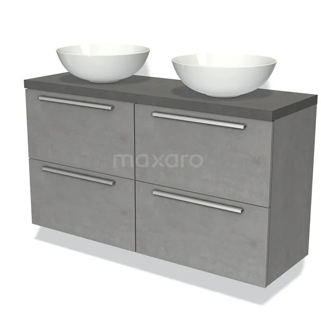 Grijs houten badkamermeubel met dubbele wastafel, modern ontwerp met metalen handgrepen en ruim opbergmogelijkheden.