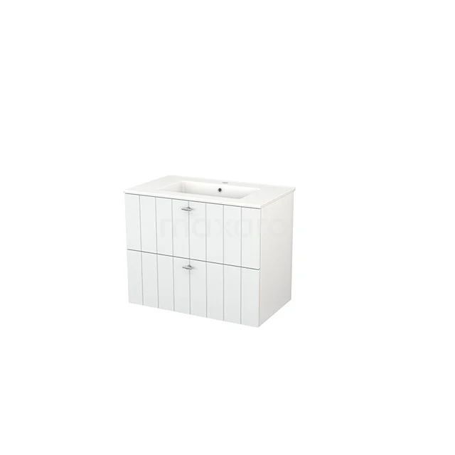 White bathroom unit with two drawers, modern ribbed design and ceramic basin, ideal for stylish bathroom storage.