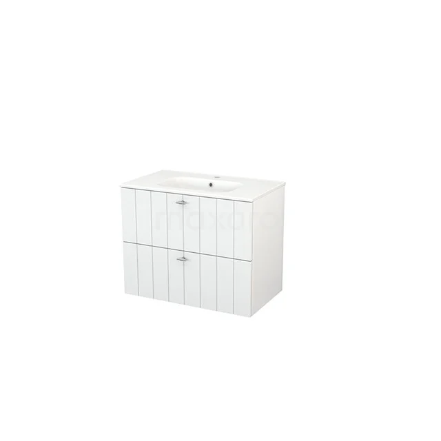 White wooden bathroom unit with tap, two handleless drawers and modern design, perfect for stylish bathroom storage.