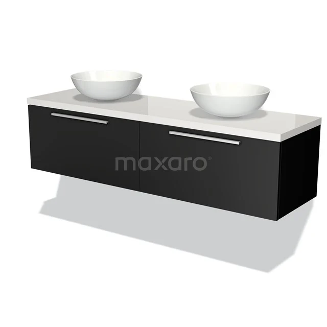 Schwarze schwebende Badmöbelset mit Doppelwaschbecken, weißer Platte und schicker moderner Verarbeitung.